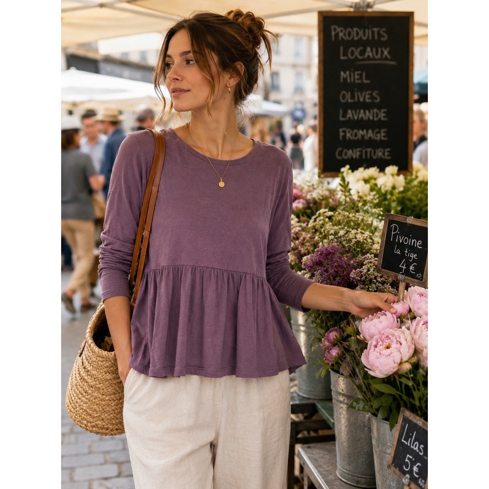ba&sh Mauve Cotton Peplum Top Womens Large French Girl‎ Babydoll Tee